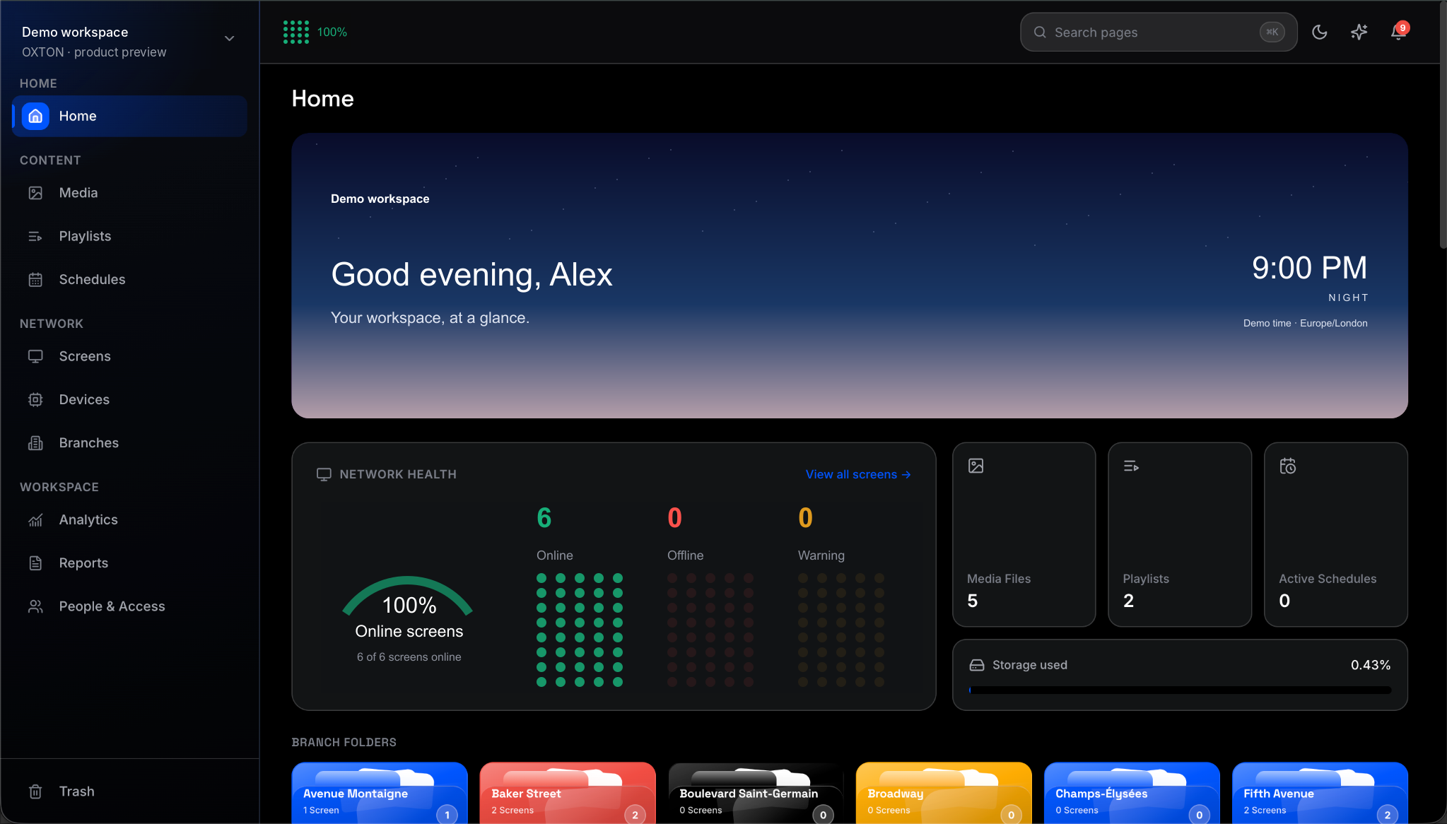 OXTON product interface with illustrative demo data; not a live connection or customer results.