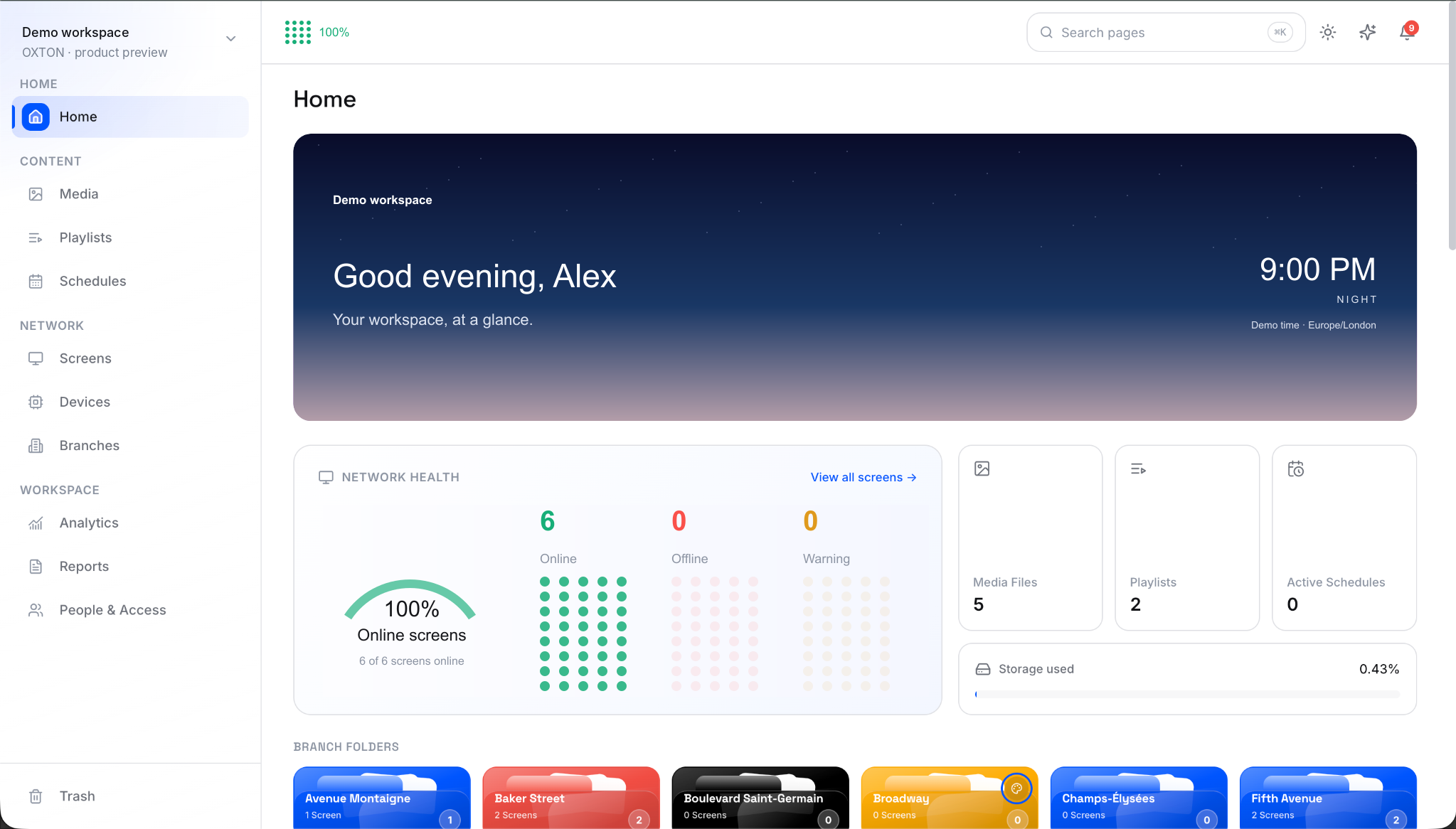 OXTON product interface with illustrative demo data; not a live connection or customer results.